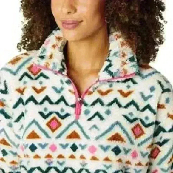 Eddie Bauer Midweight Plush Quarter Zip Fleece Pullover Vanilla Aztec Small - Picture 3 of 8